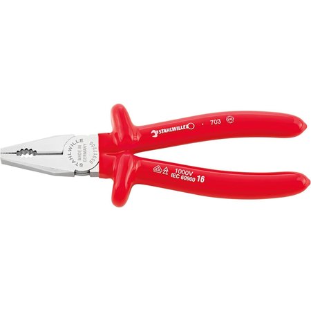 STAHLWILLE TOOLS VDE combination plier L.180 mm head chrome plated handles dip-coated insulation 65017180